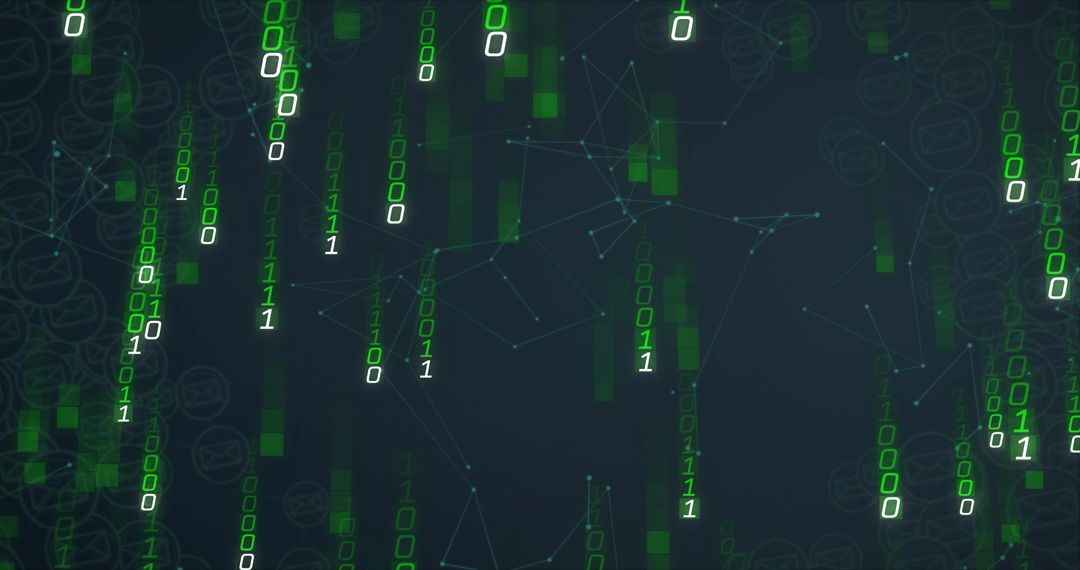 Cascading green binary code flowing through neon network nodes on dark teal for cybersecurity
