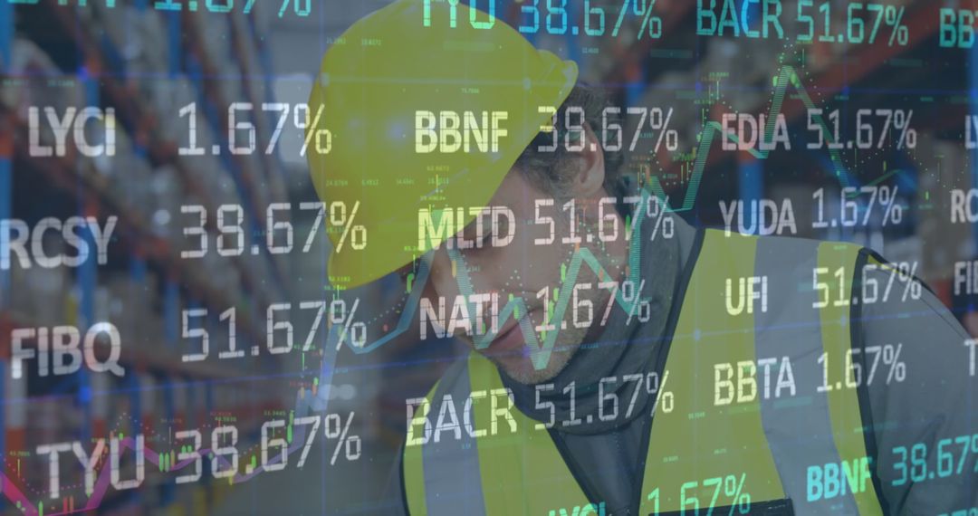 Digital Financial Data Overlay on Warehouse Worker in Hard Hat