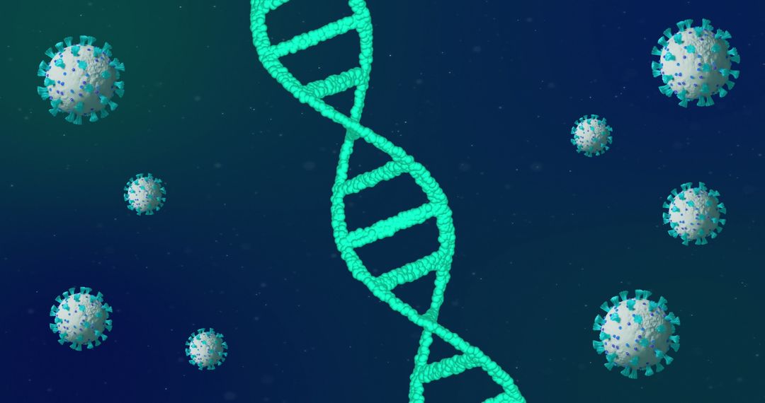DNA Strand with Floating COVID-19 Virus Cells on Blue Background