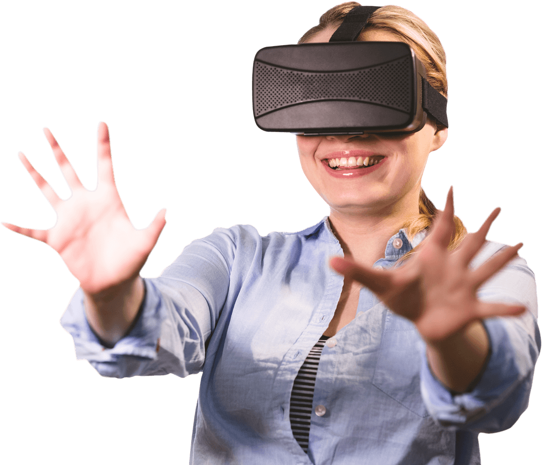 Smiling Businesswoman Engaging with VR Technology on Transparent Background
