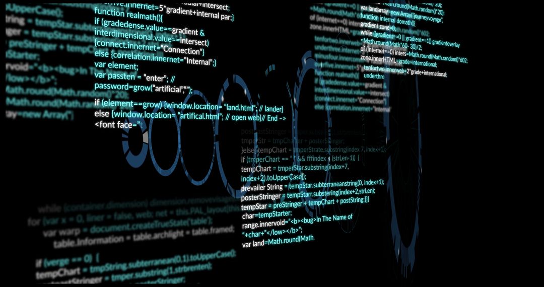 Scrolling JavaScript Code Over Wireframe Spheres on Black