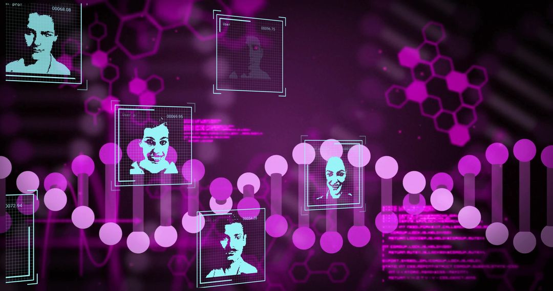 Futuristic DNA Helix with Biometric Digital Profiles in Interface