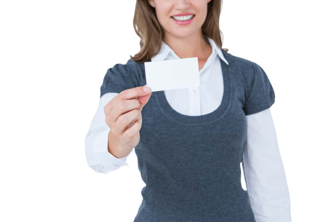 Transparent Smiling Woman Holding Blank Card