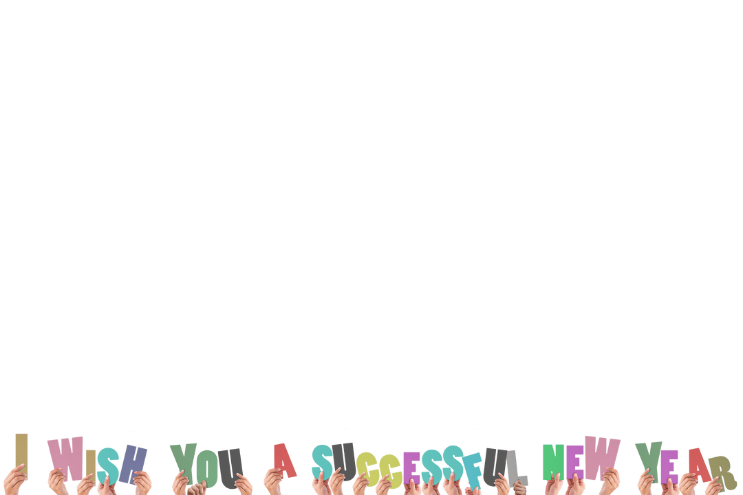 Raised Hands with Colorful New Year Wishes on Transparent Background