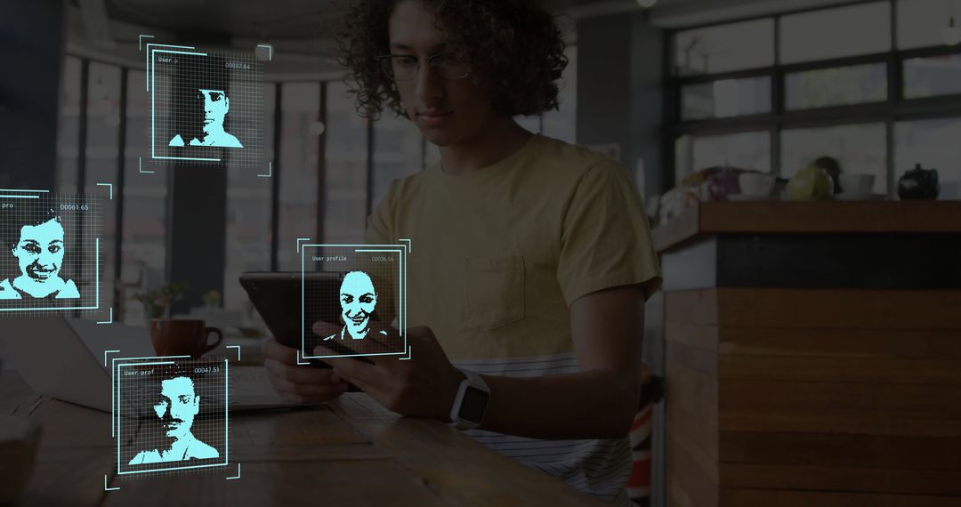 Businessman Analyzing Data on Tablet with Digital Profiles in Cafe