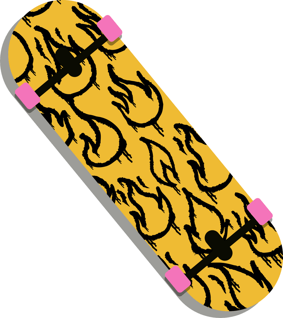 Graphic Skateboard with Yellow Flames and Pink Wheels on Transparent Background