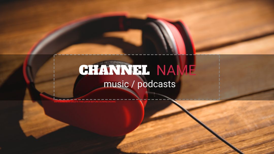 Red headphones on wooden surface for music and podcast channel layout