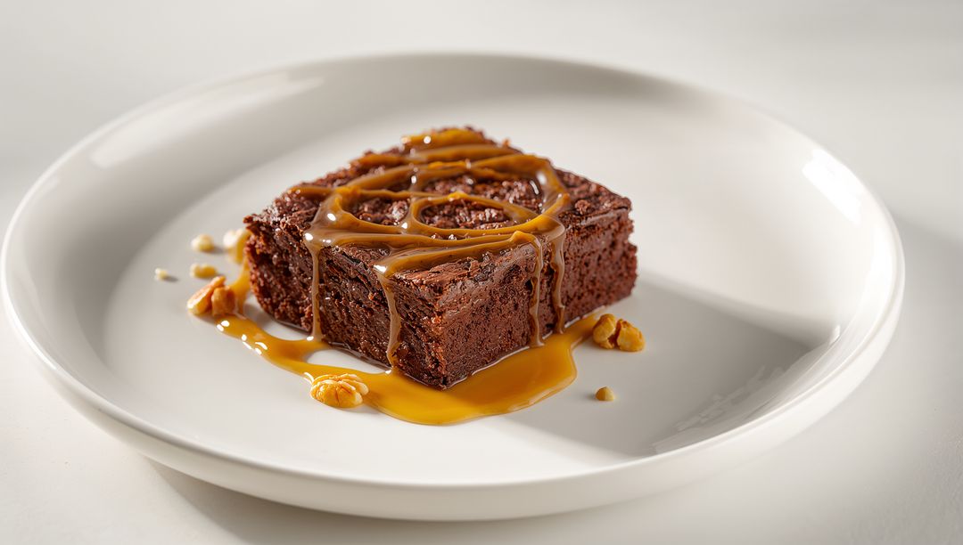Fudgy Chocolate Brownie Drizzled with Caramel and Walnuts on White Plate