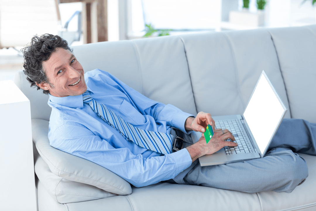Smiling Businessman Engaging in Transparent Online Shopping Journey