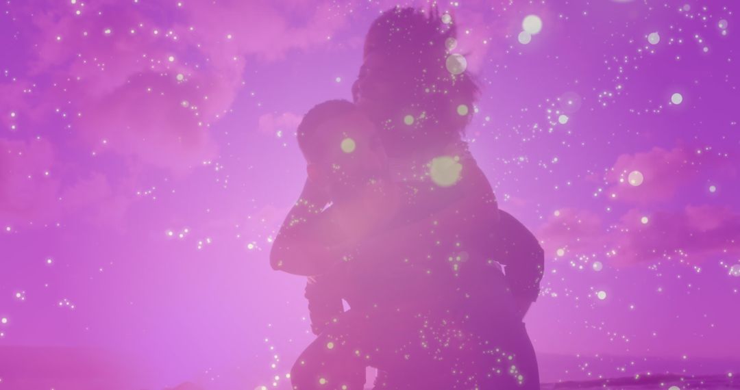 Diverse Couple Embraces Under Magical Pink Glow