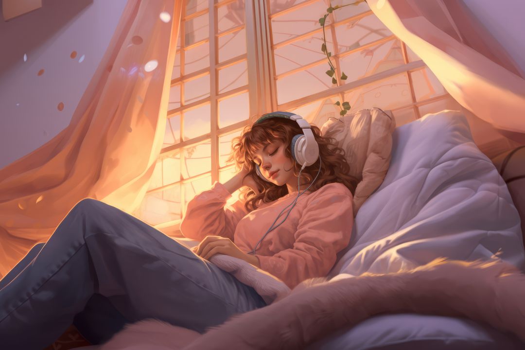 Lofi anime girl wearing headphones in bed, created using generative ai technology - Free Images, Stock Photos and Pictures on Pikwizard.com
