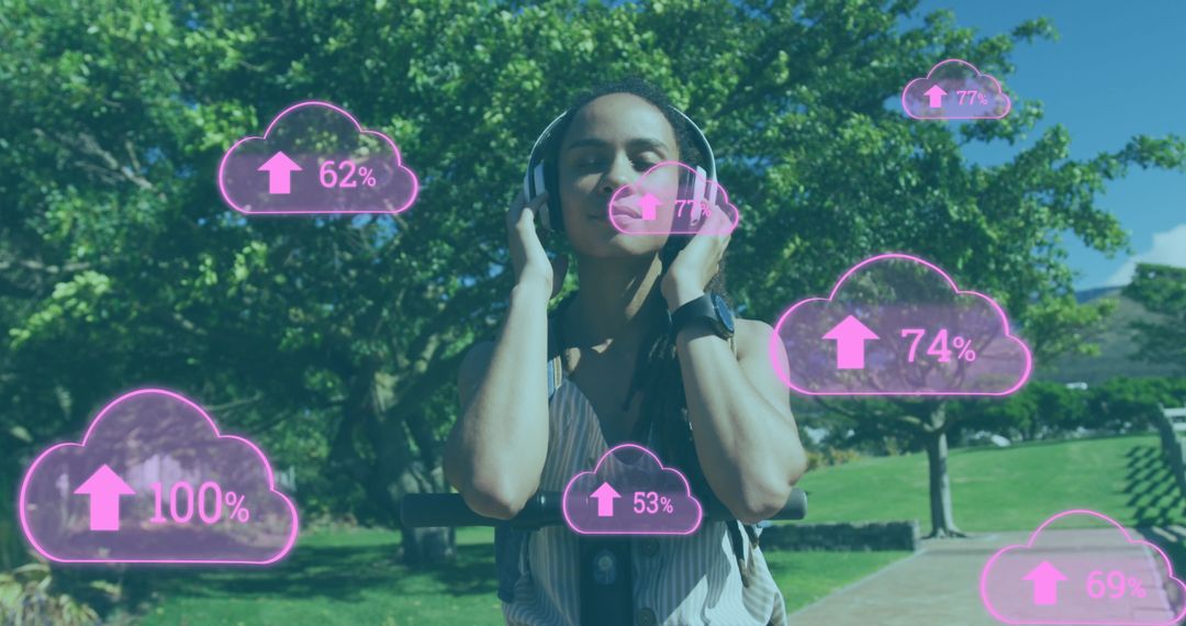 Woman Enjoying Music with Augmented Reality Cloud Data in Park
