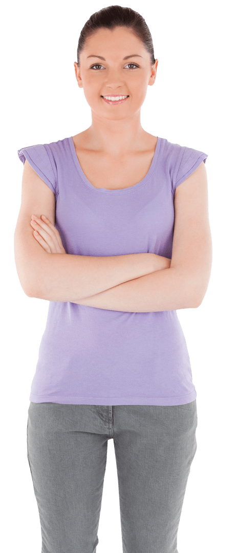 Smiling Caucasian Woman with Arms Crossed on Transparent Background