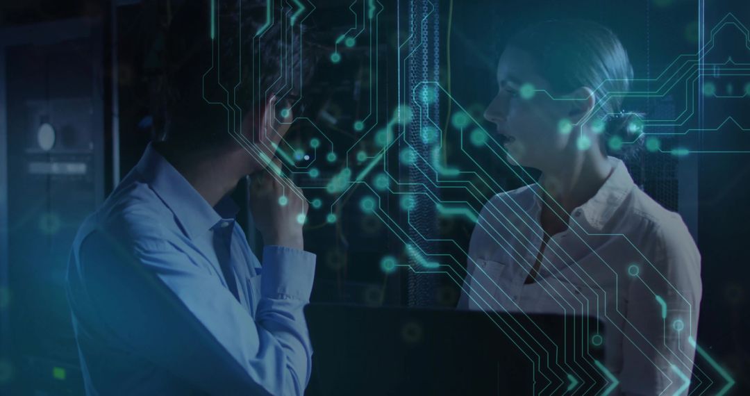 IT Professionals Analyzing Data Flow in Technology Environment