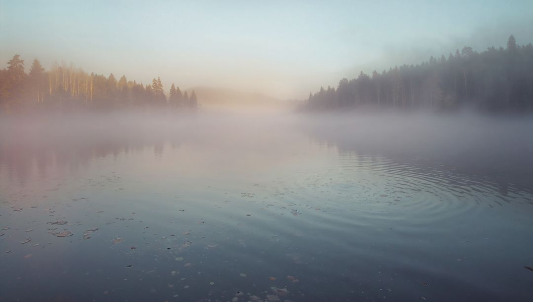 Tranquil Misty Lake at Sunrise with Forest Reflection