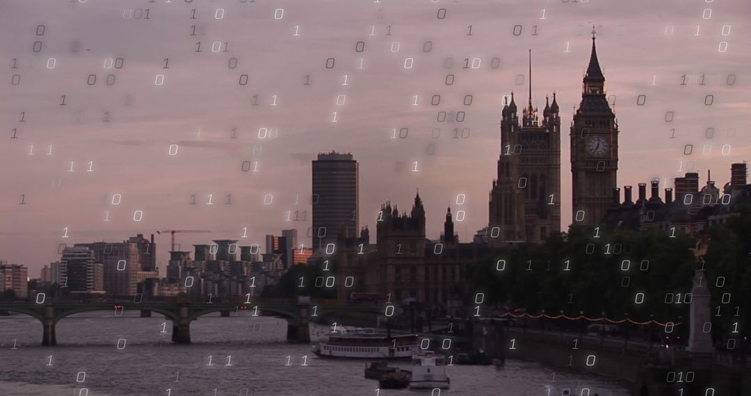 Digital Data Overlaid on London Cityscape at Dusk