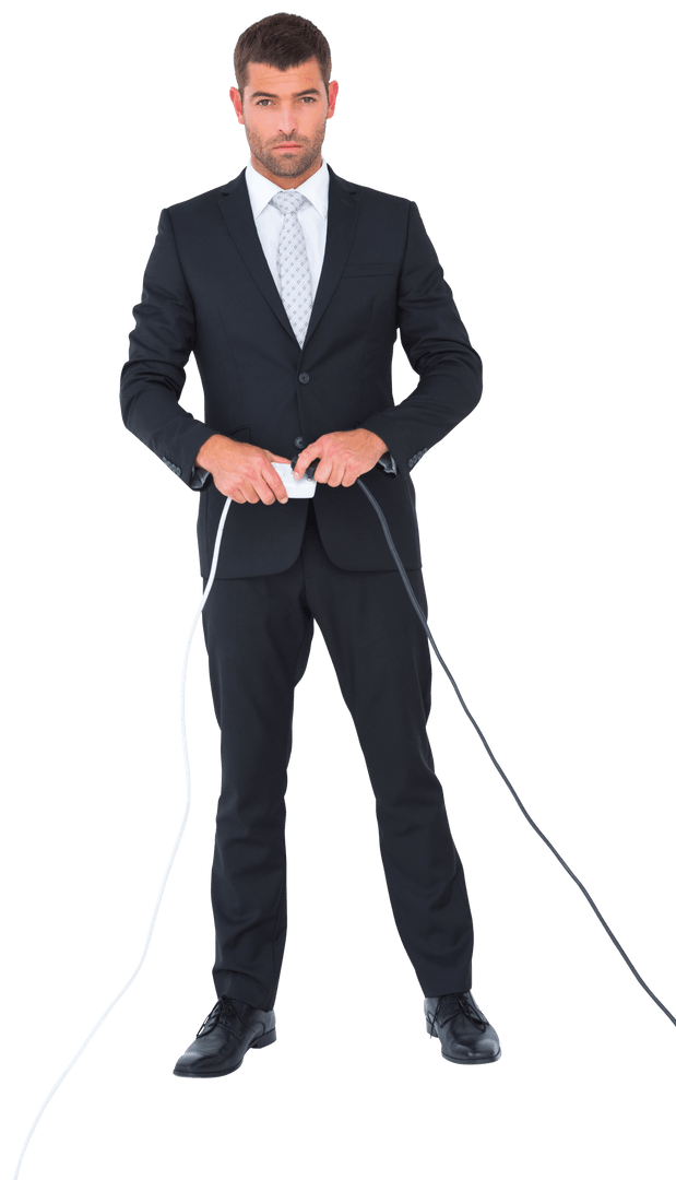 Businessman Connecting Plugs in Transparent Suit Connection