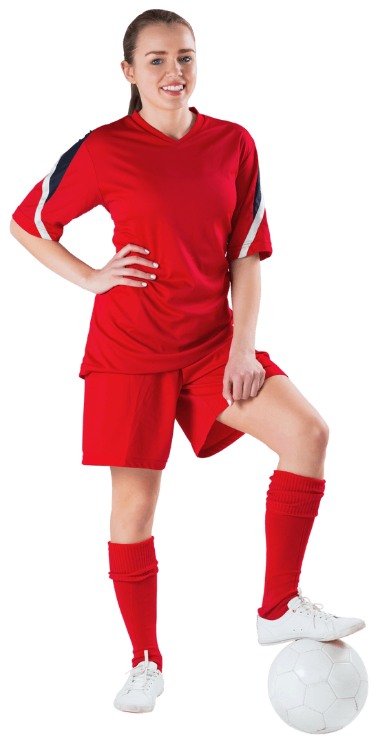 Female Soccer Player Standing Confidently with Ball Transparent