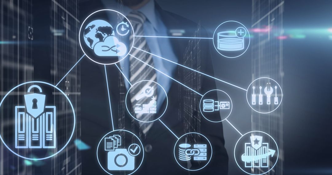 Businessman Navigating Virtual Data and Security Interface