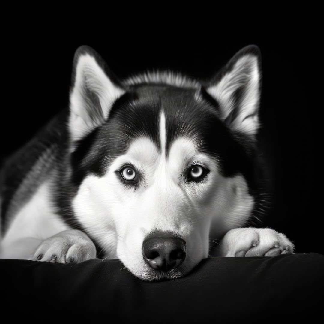 Siberian Husky Lying Down with Intense Eyes in Black and White - Free Images, Stock Photos and Pictures on Pikwizard.com