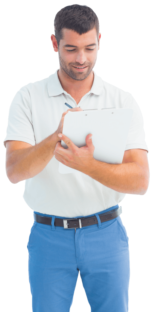 Man Writing on Transparent Clipboard Isolated