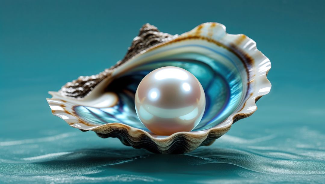 Lustrous Pearl Inside Iridescent Oyster Shell on Teal Water