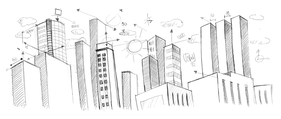 Transparent Illustration of Buildings with Statistical Charts
