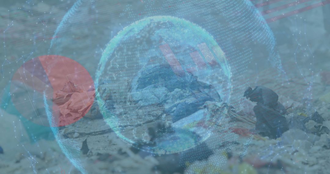 Digital Globe Overlays Polluted Beach with Seagull in Environmental Graphic