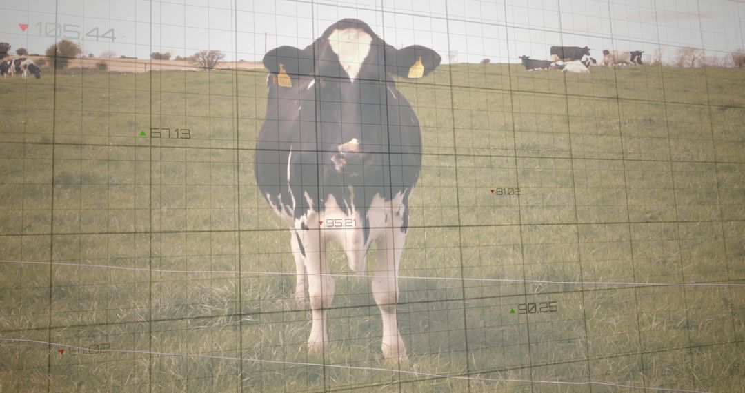 Dairy Cow in Farm Pasture with Digital Grid Overlay for Livestock Monitoring