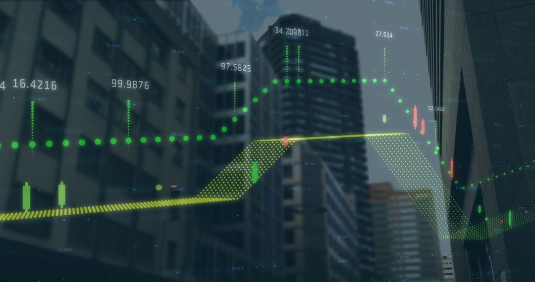 Digital Financial Data Overlaying Skyline of Modern City