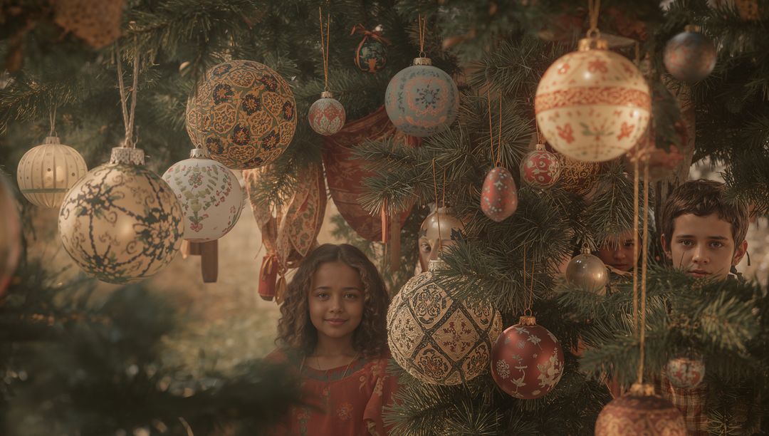 Siblings Peeking Behind Ornamented Tree with Festive Baubles