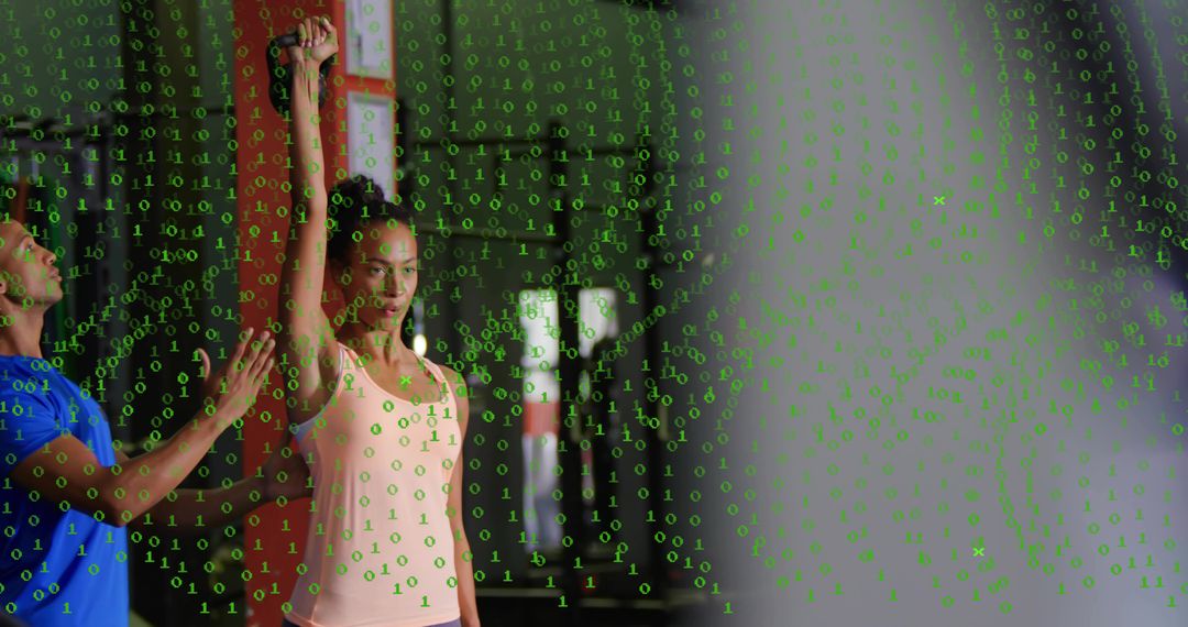 Woman Lifting Dumbbell Overhead While Coach Spots with Green Binary Code Overlay