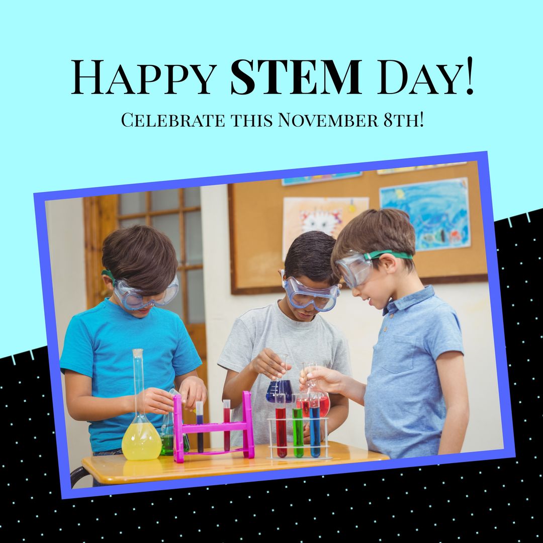 Happy STEM Day Poster with Diverse Schoolboys in Laboratory - Download Free Stock Templates Pikwizard.com