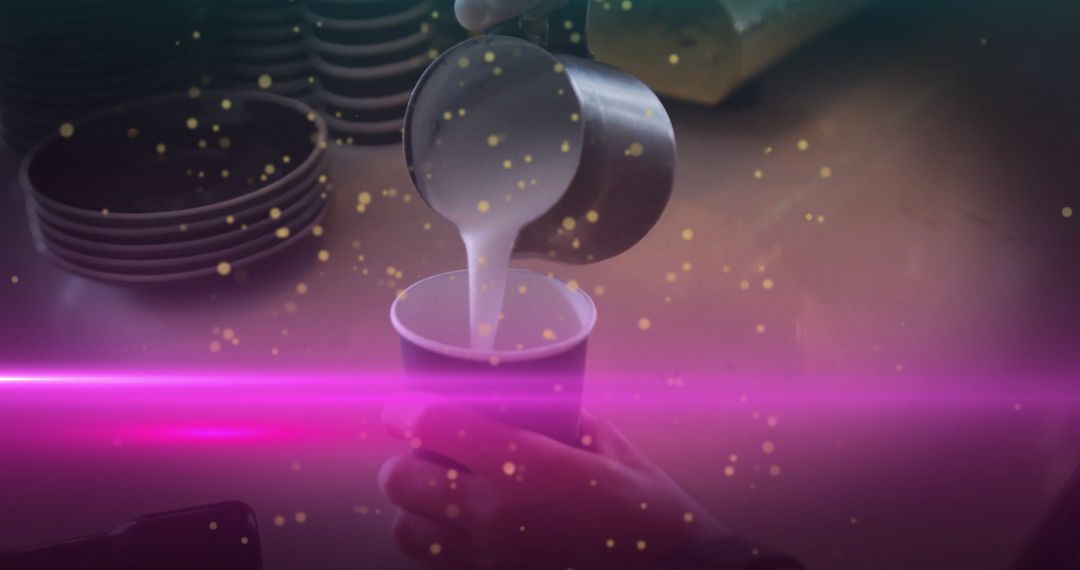 Barista Crafting Latte in Cozy Cafe with Neon Ambiance