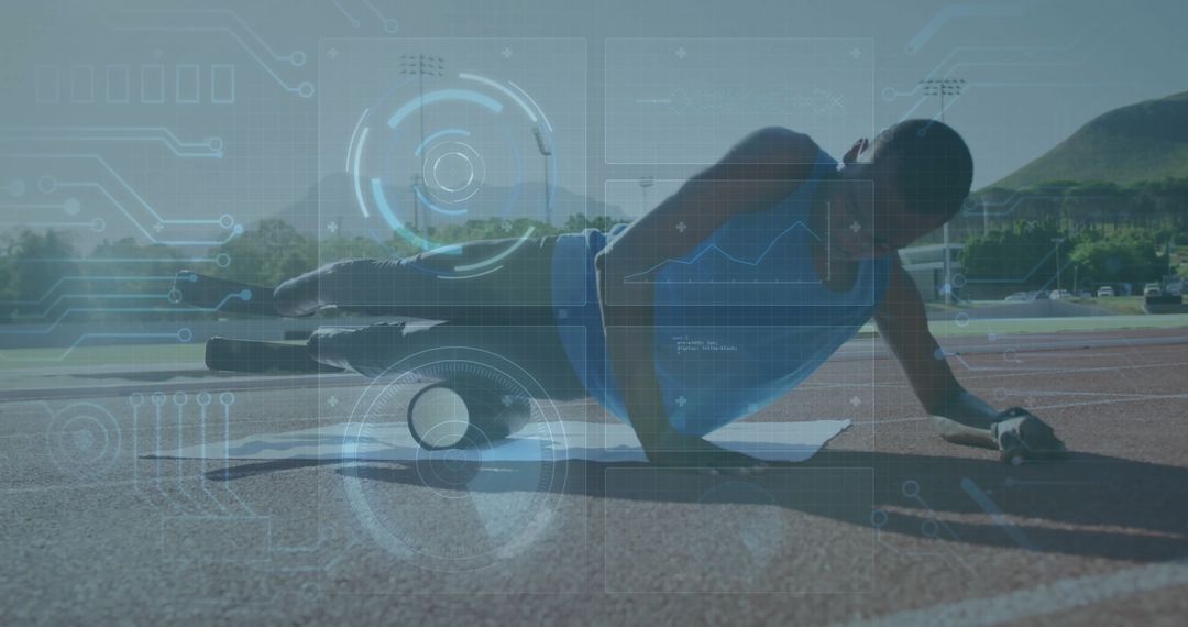 Athlete Engaging in Plank Exercise with Futuristic Digital Interface