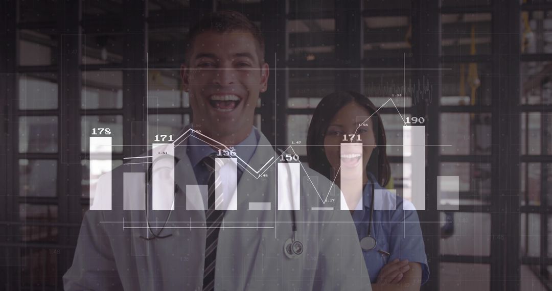 Smiling Medical Team Analyzing Healthcare Data with Charts