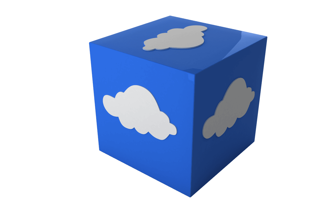 3D Transparent Blue Cube with Cloud Icons on Sides