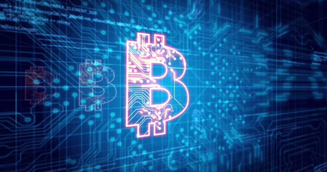 Glowing Bitcoin Symbol with Digital Circuitry Background