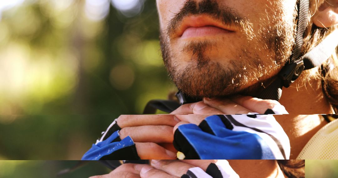 Close-up of Mountain Biker Adjusting Helmet Outdoors for Safety - Free Images, Stock Photos and Pictures on Pikwizard.com