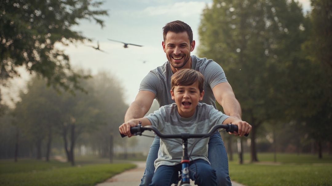Smiling Father Guiding Son Riding Bike on Tree-Lined Park Path, Family Bonding