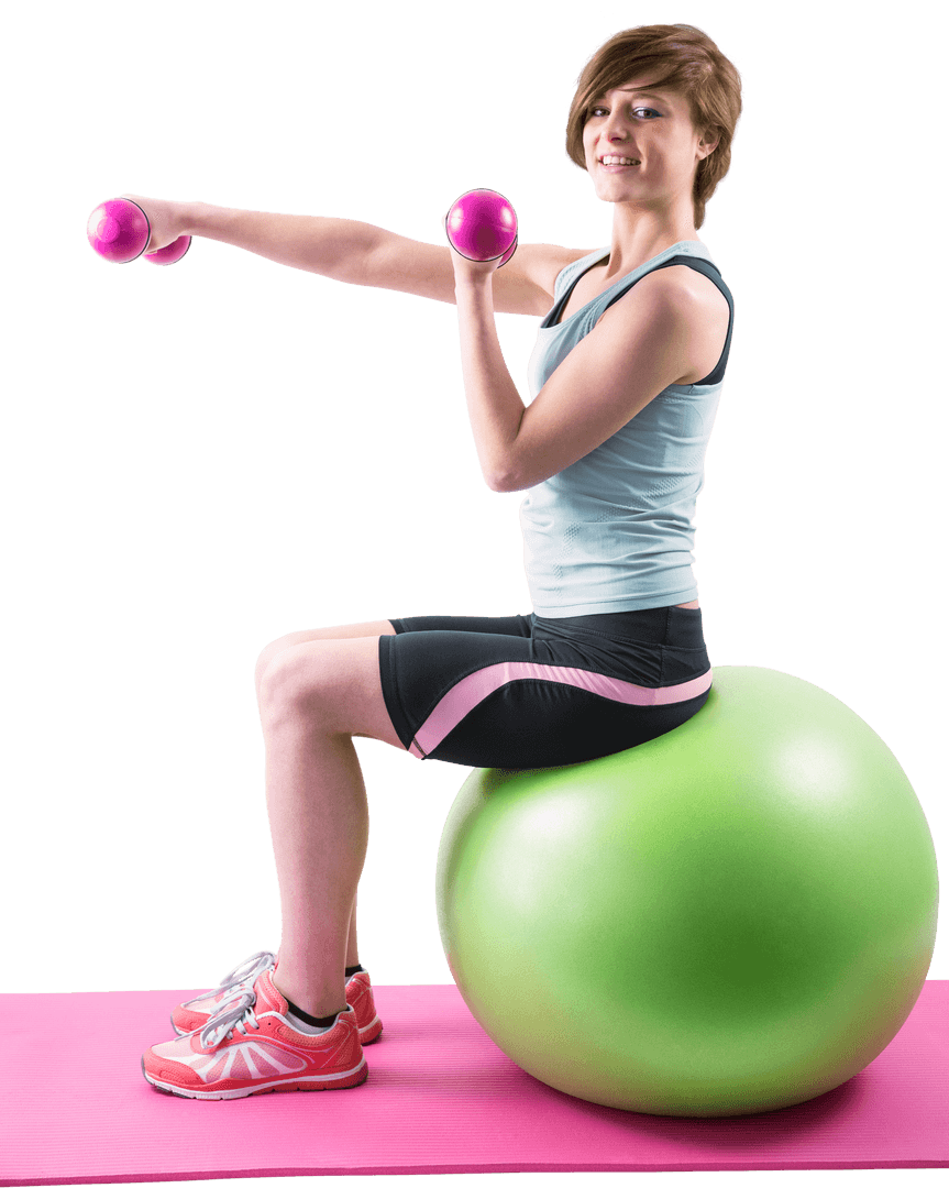 Transparent Woman Exercising with Dumbbells on Stability Ball