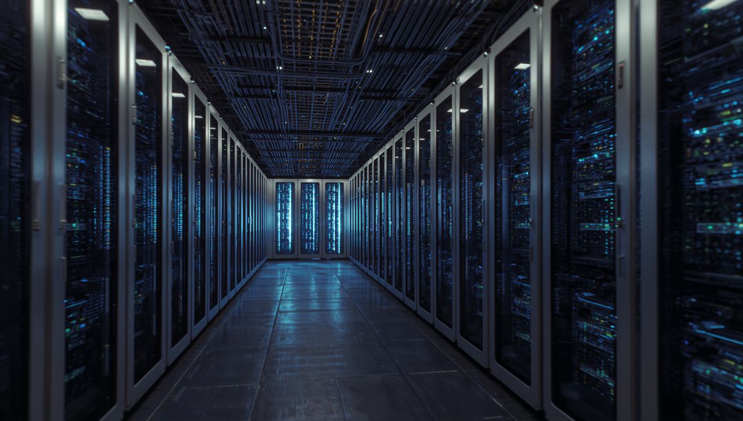 Glowing Server Aisle in High-Density Data Center with Glass Cabinets and Blue LEDs