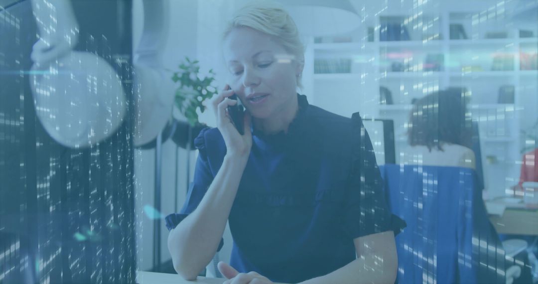 Executive Communicating on Smartphone with Digital Interface Overlay