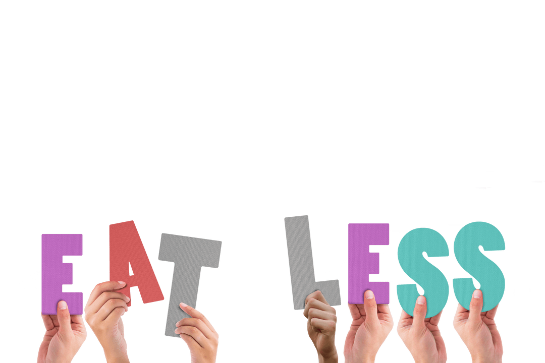 Hands Raising Vibrant Transparent Letters Spell Eat Less