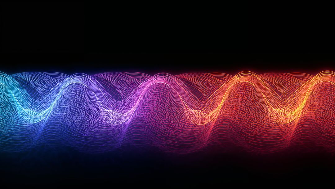 Glowing Neon Spectrum Waveform Showing Layered Sinewave Light Trails Across Dark Space
