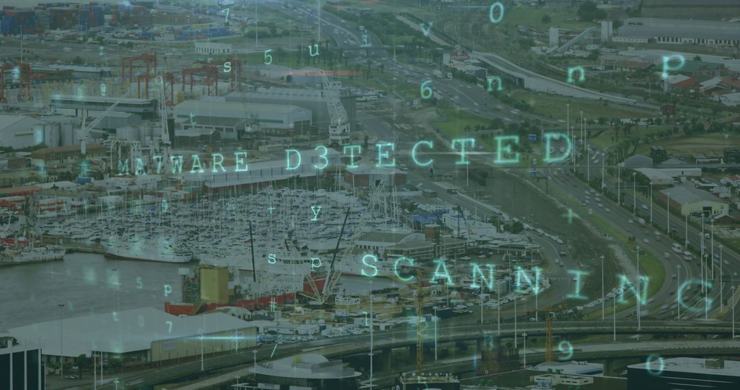 Cityscape Intersecting with Digital Data Security Matrix