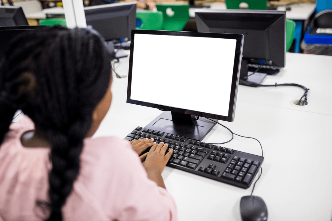 African American Woman Working at Computer in Modern Office with Empty Screen
