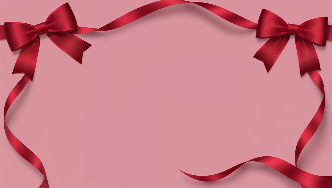 Red Satin Ribbon Framing Blush Pink Backdrop with Elegant Bows and Curled Tails