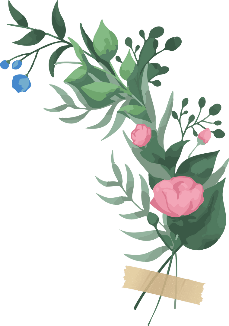 Scenic Bouquet with Blossoms, Berries, and Tape on Clear Background