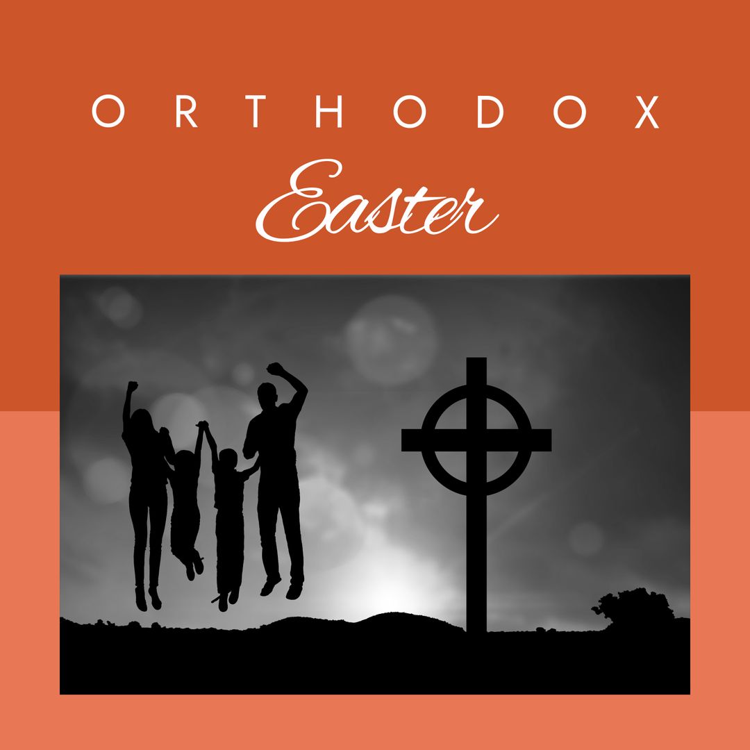 Silhouette Family Celebrating Orthodox Easter with Cross at Dusk
